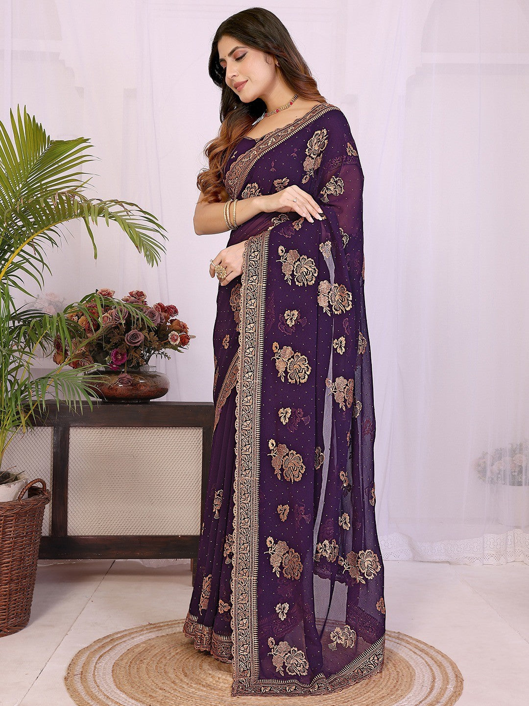 Premium Purple Floral Zari Embroidered Star Georgette Saree With Sparkling Swarovski Work