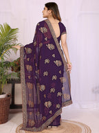 Premium Purple Floral Zari Embroidered Star Georgette Saree With Sparkling Swarovski Work