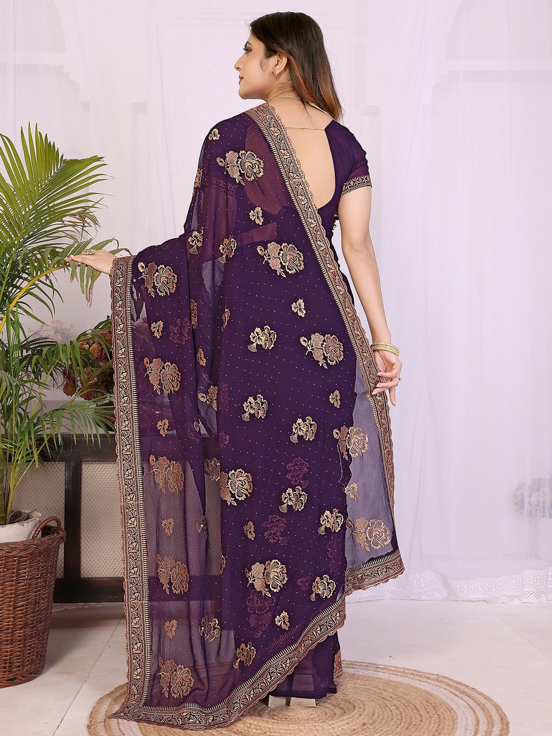 Premium Purple Floral Zari Embroidered Star Georgette Saree With Sparkling Swarovski Work