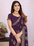 Premium Purple Floral Zari Embroidered Star Georgette Saree With Sparkling Swarovski Work