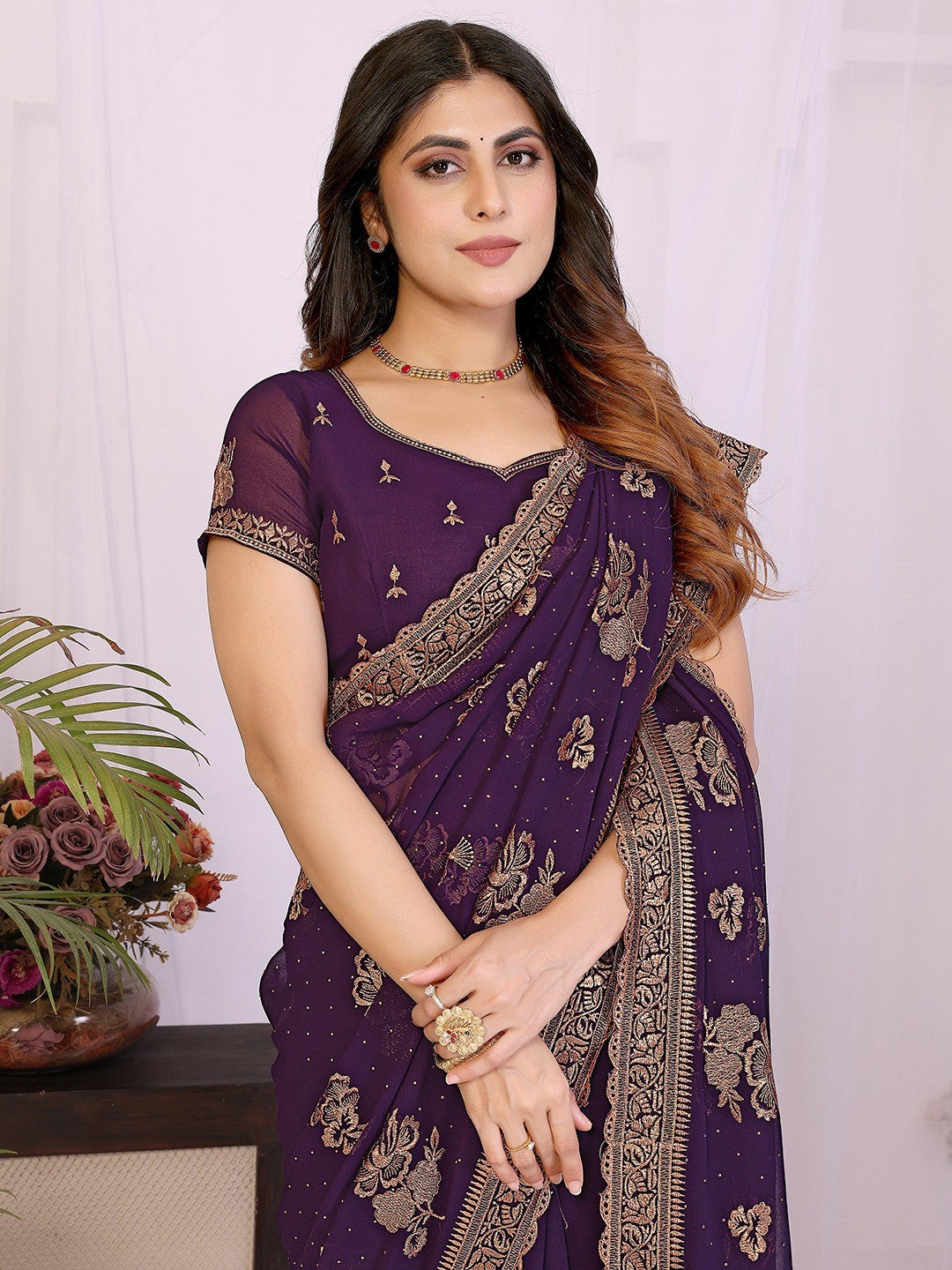 Premium Purple Floral Zari Embroidered Star Georgette Saree With Sparkling Swarovski Work