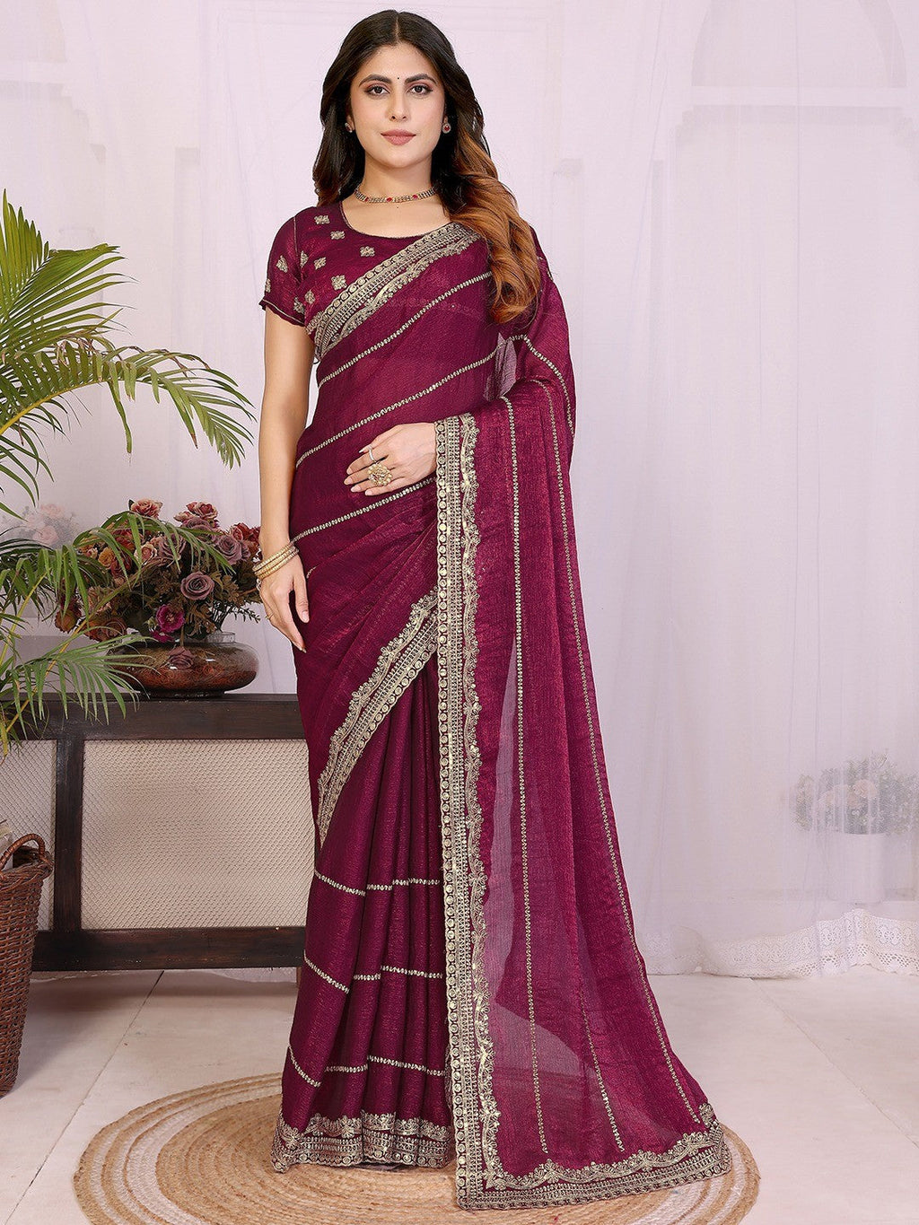 Elegant Wine Striped Pattern Organza Chiffon Silk Saree With Sequins Embroidery Work