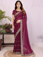 Elegant Wine Striped Pattern Organza Chiffon Silk Saree With Sequins Embroidery Work