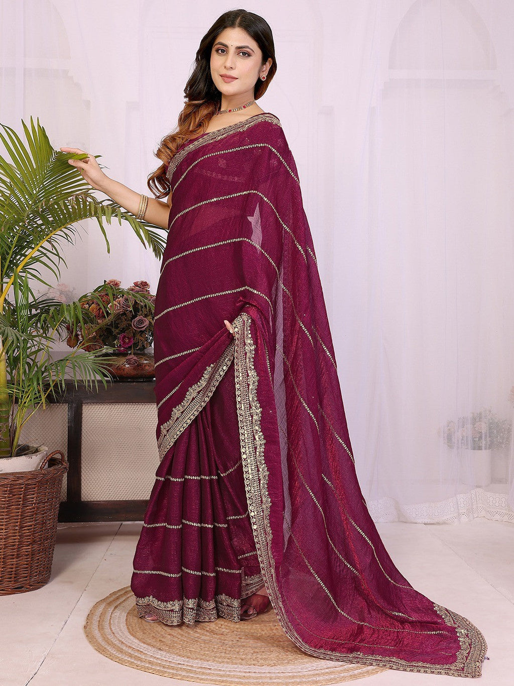 Elegant Wine Striped Pattern Organza Chiffon Silk Saree With Sequins Embroidery Work