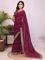 Elegant Wine Striped Pattern Organza Chiffon Silk Saree With Sequins Embroidery Work