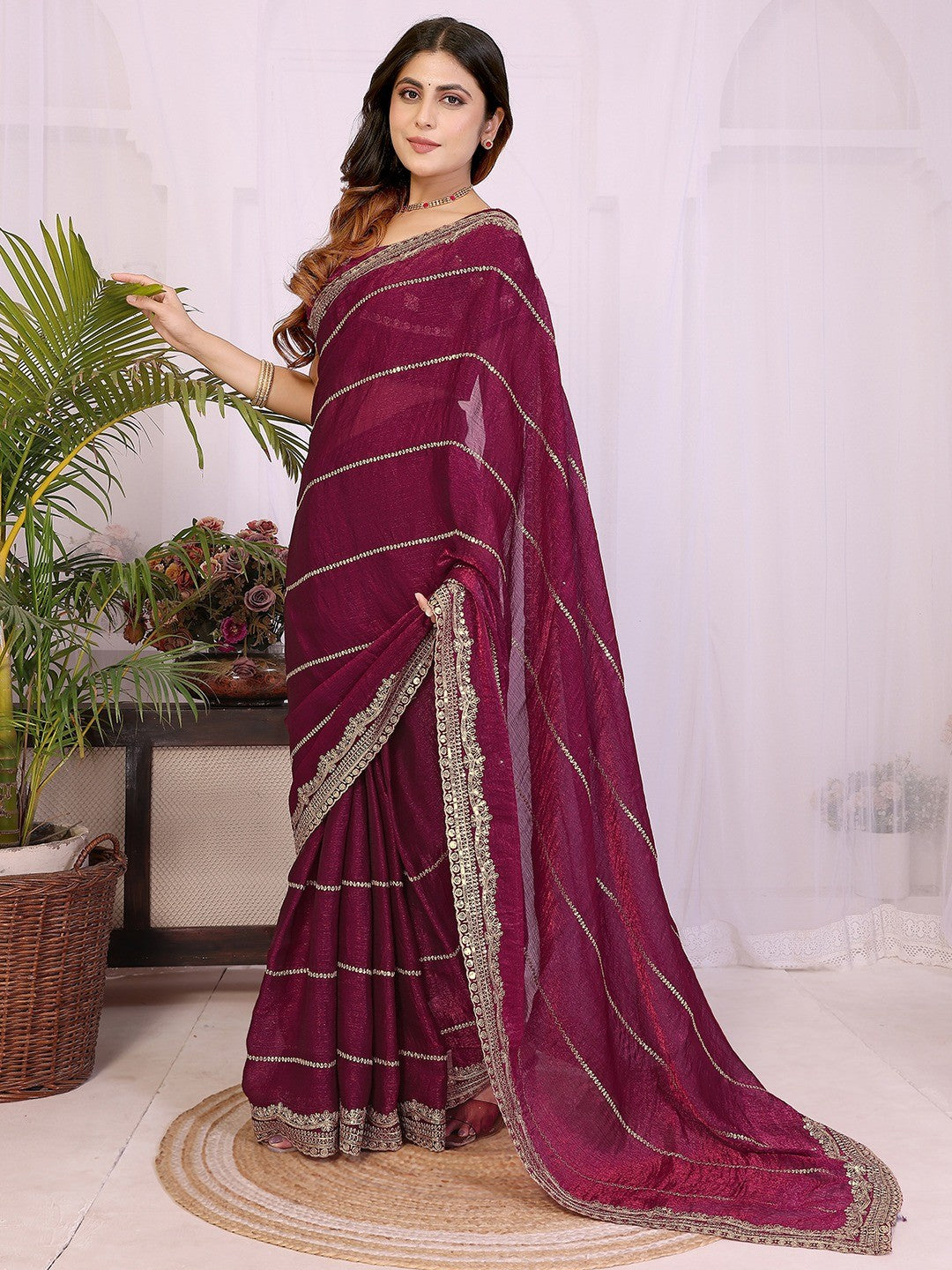 Elegant Wine Striped Pattern Organza Chiffon Silk Saree With Sequins Embroidery Work