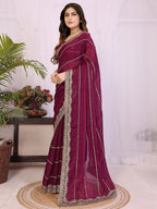 Elegant Wine Striped Pattern Organza Chiffon Silk Saree With Sequins Embroidery Work