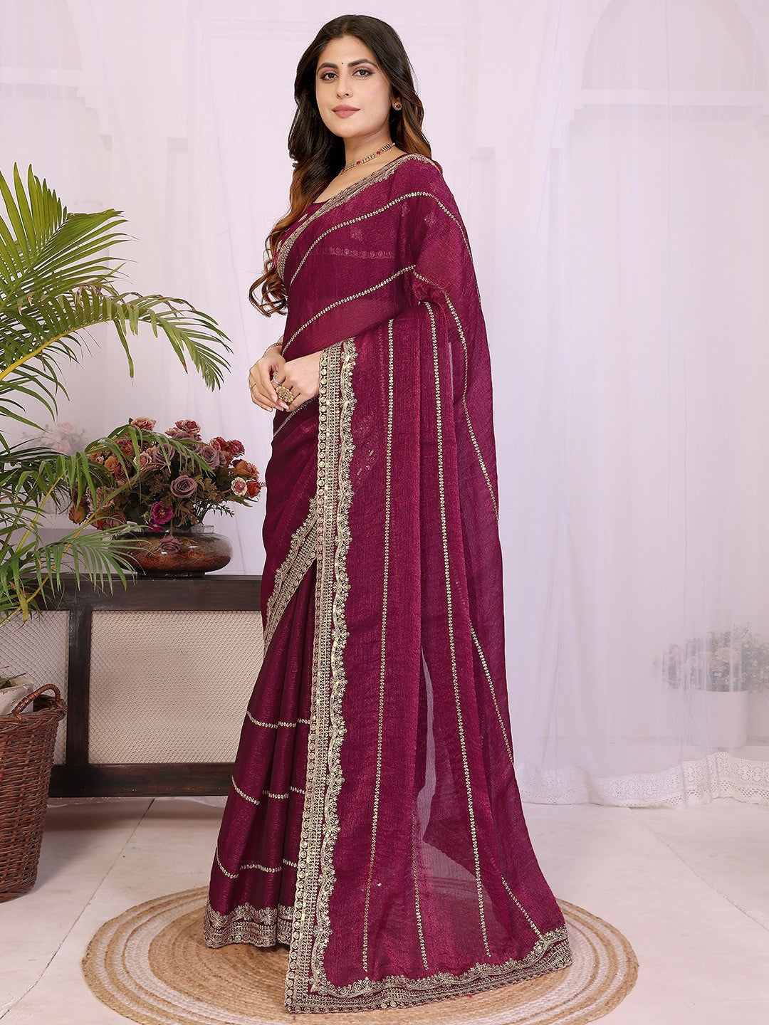 Elegant Wine Striped Pattern Organza Chiffon Silk Saree With Sequins Embroidery Work