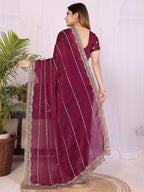 Elegant Wine Striped Pattern Organza Chiffon Silk Saree With Sequins Embroidery Work