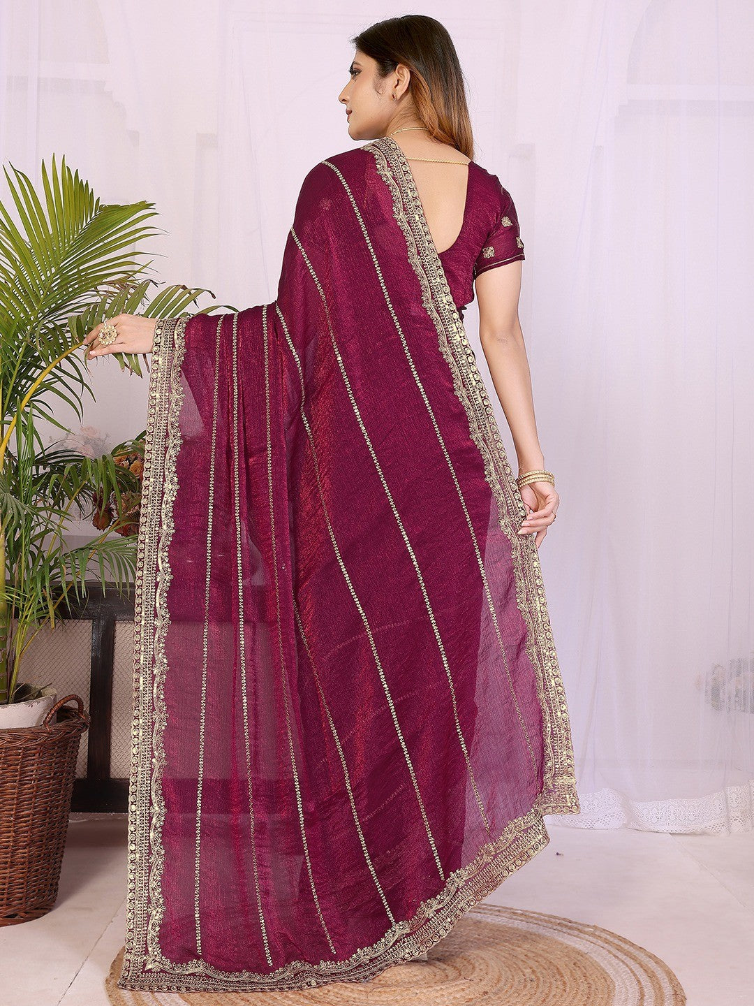 Elegant Wine Striped Pattern Organza Chiffon Silk Saree With Sequins Embroidery Work