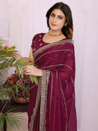 Elegant Wine Striped Pattern Organza Chiffon Silk Saree With Sequins Embroidery Work