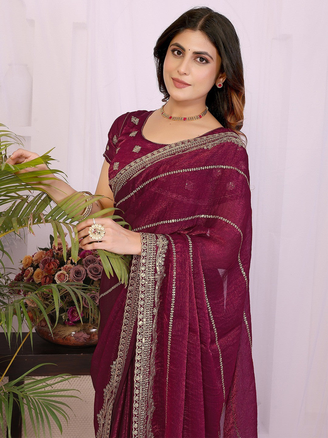 Elegant Wine Striped Pattern Organza Chiffon Silk Saree With Sequins Embroidery Work