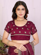 Elegant Wine Striped Pattern Organza Chiffon Silk Saree With Sequins Embroidery Work