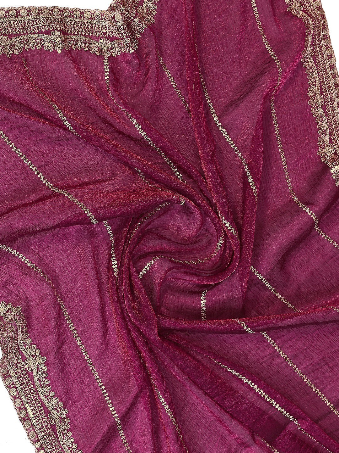 Elegant Wine Striped Pattern Organza Chiffon Silk Saree With Sequins Embroidery Work