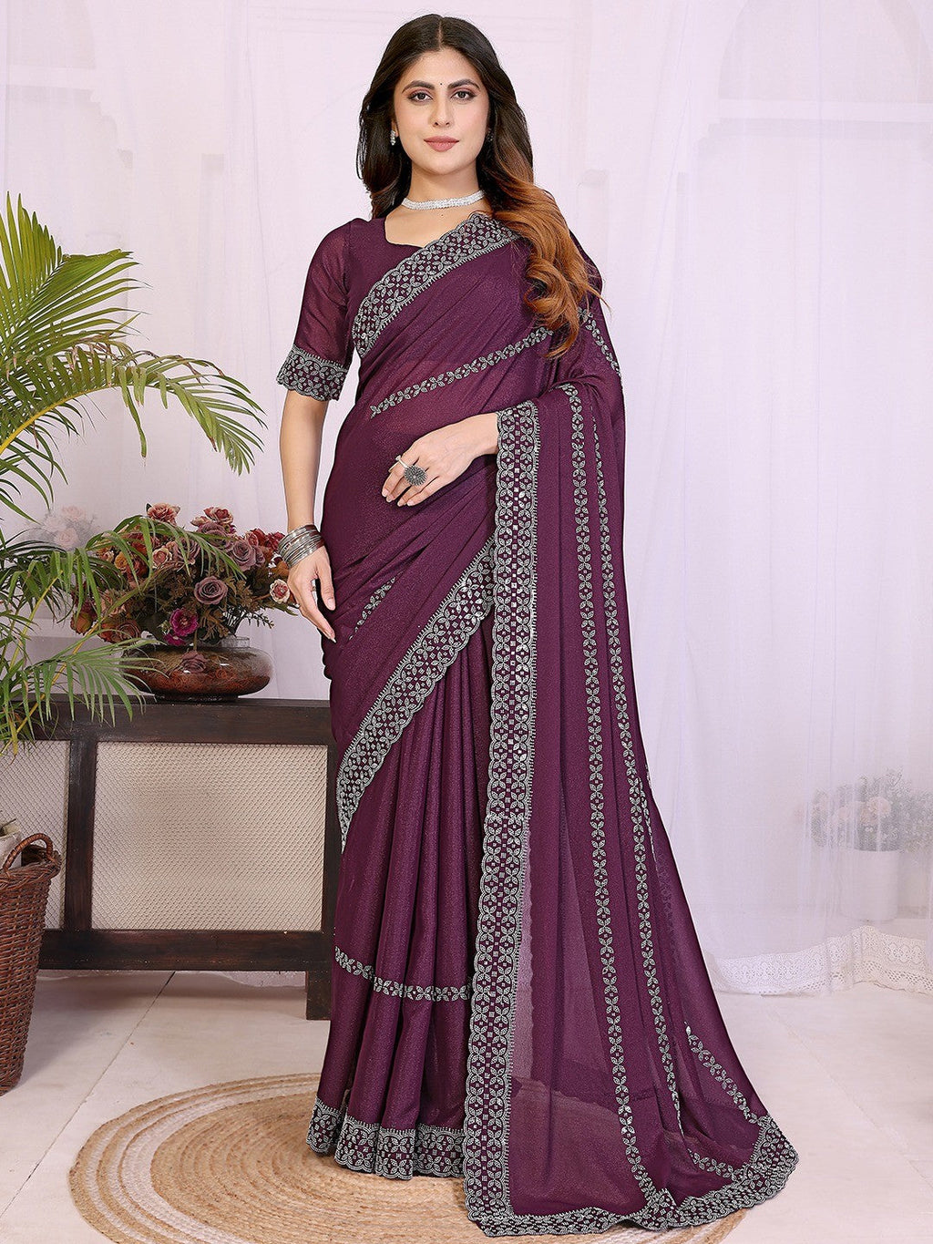 Timeless Wine Star Georgette Saree With Sparkling Swarovski Embellishment Work