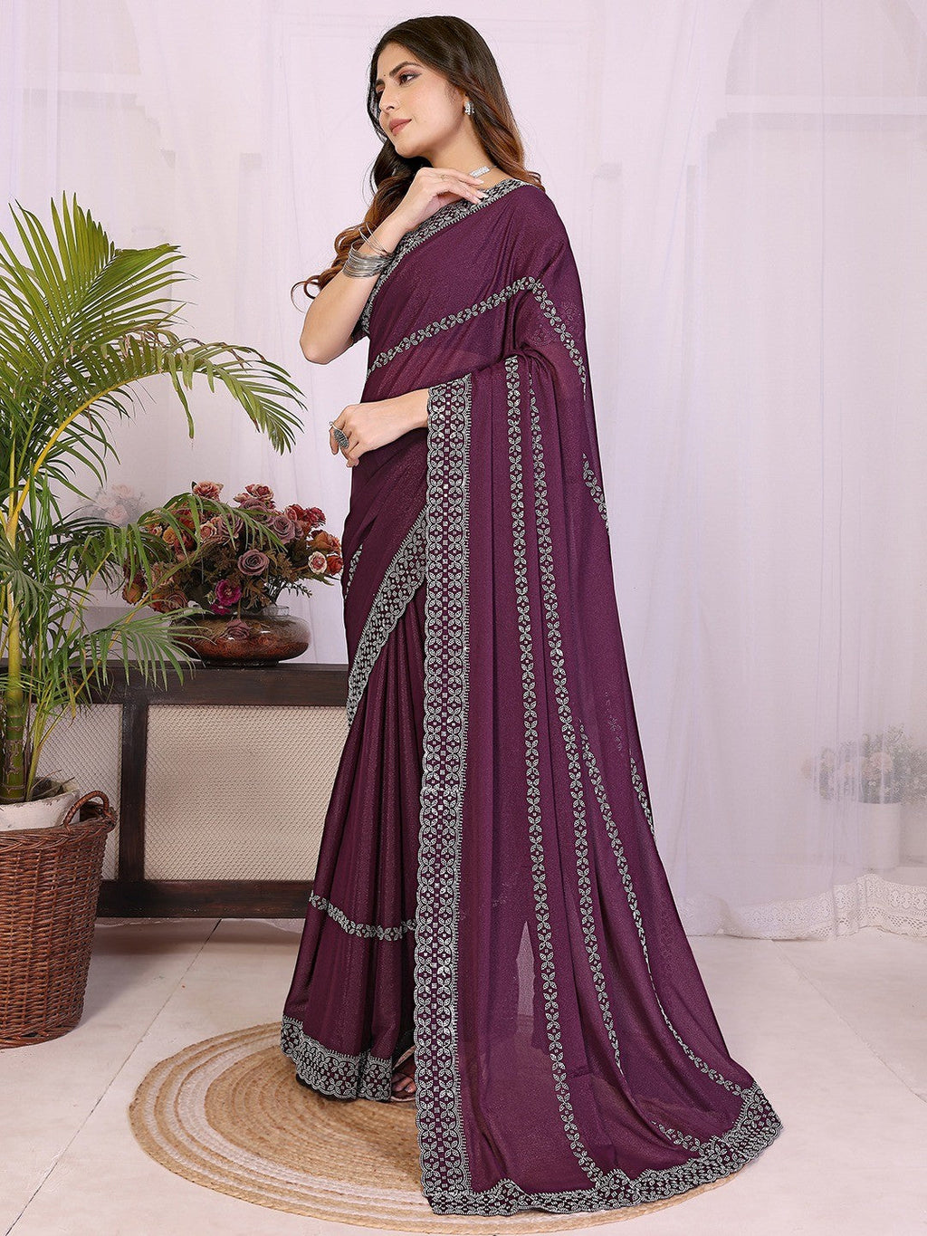 Timeless Wine Star Georgette Saree With Sparkling Swarovski Embellishment Work