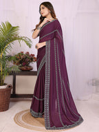 Timeless Wine Star Georgette Saree With Sparkling Swarovski Embellishment Work