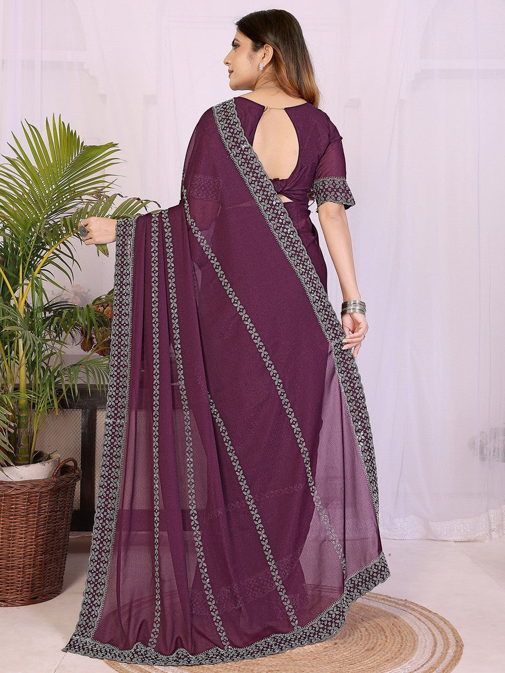 Timeless Wine Star Georgette Saree With Sparkling Swarovski Embellishment Work