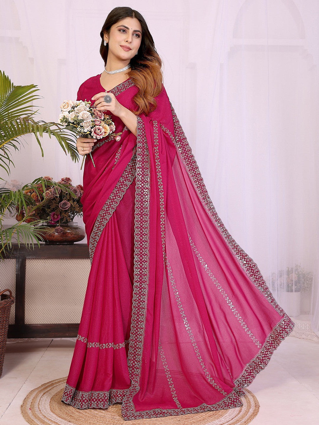Timeless Rani Pink Star Georgette Saree With Sparkling Swarovski Embellishment Work