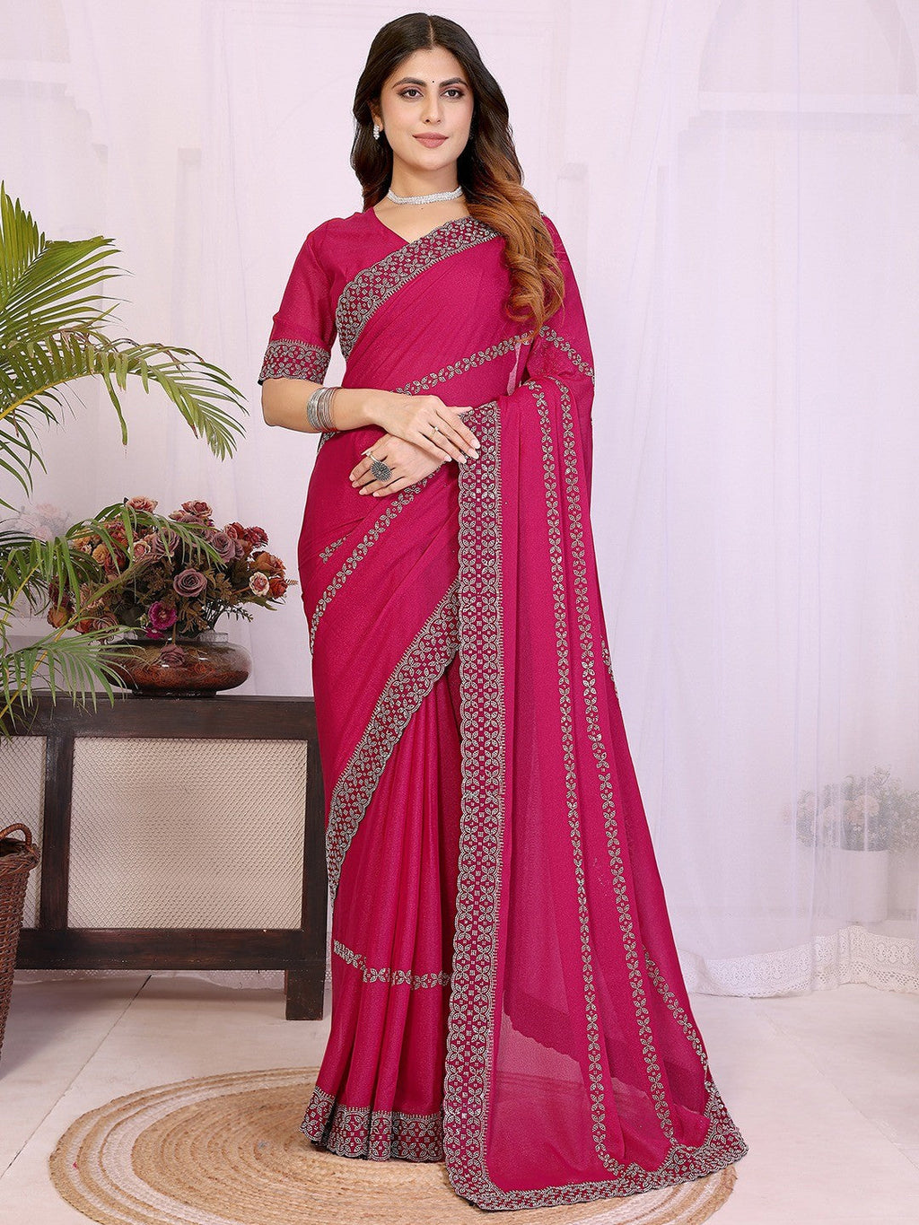 Timeless Rani Pink Star Georgette Saree With Sparkling Swarovski Embellishment Work