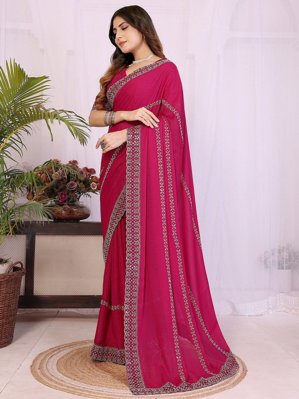 Timeless Rani Pink Star Georgette Saree With Sparkling Swarovski Embellishment Work