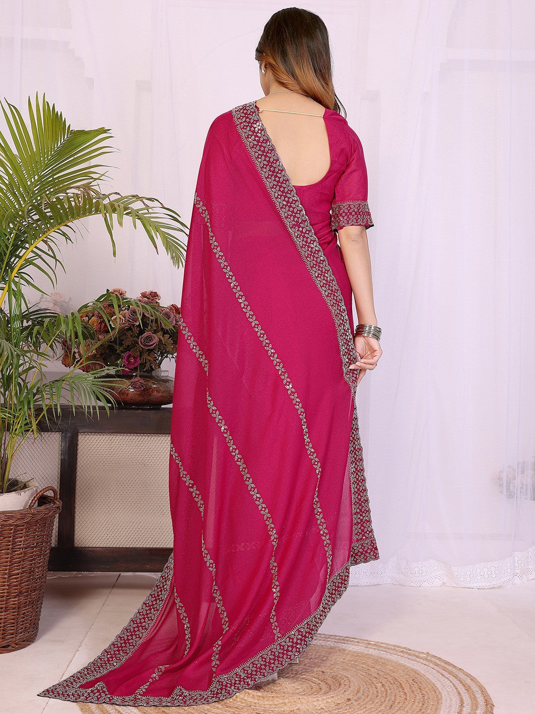Timeless Rani Pink Star Georgette Saree With Sparkling Swarovski Embellishment Work