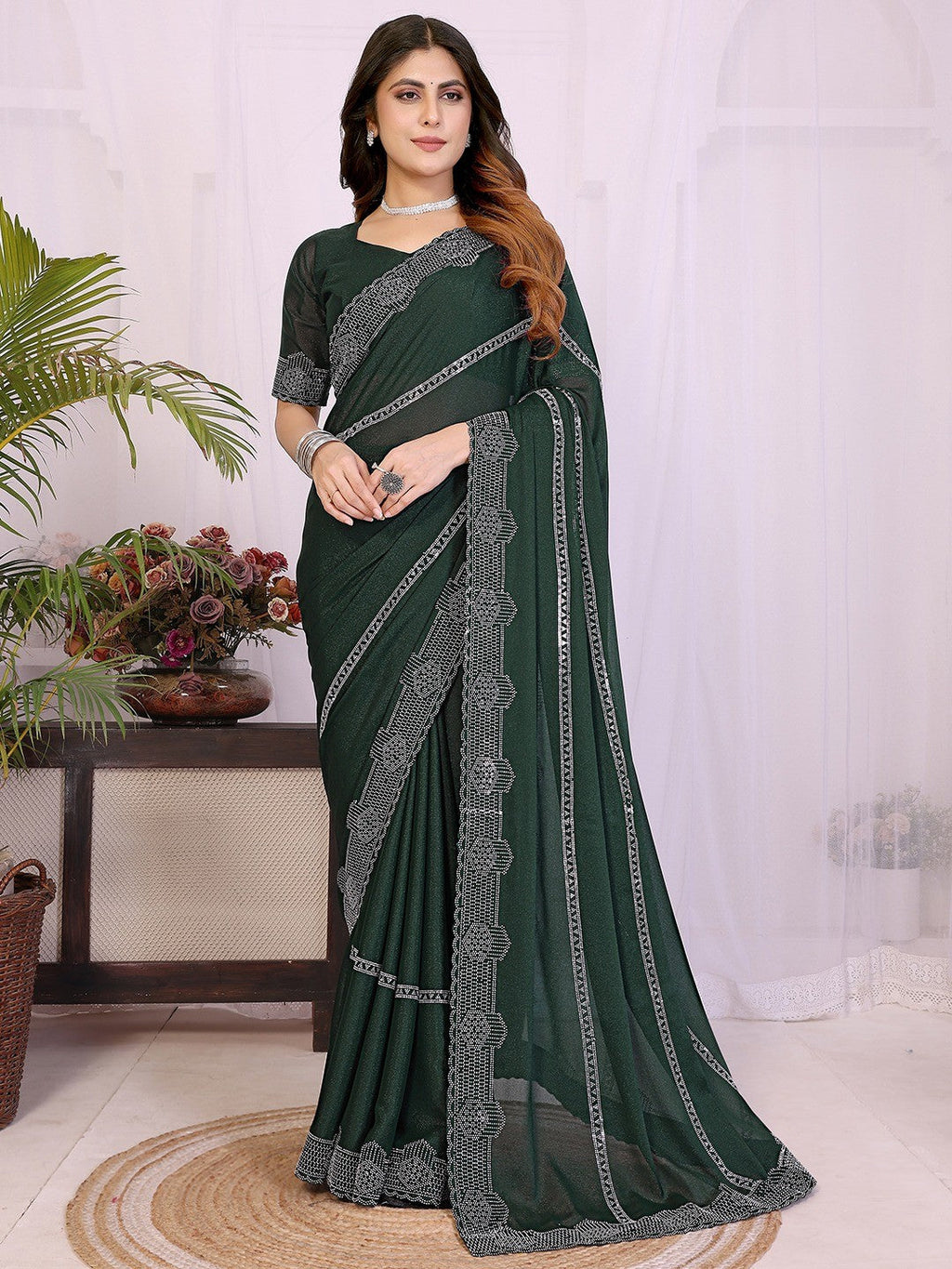 Designer Bottle Green Star Georgette Saree Featuring Intricate Swarovski Embellishment With Unstitched Blouse Peice