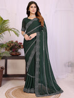Designer Bottle Green Star Georgette Saree Featuring Intricate Swarovski Embellishment With Unstitched Blouse Peice