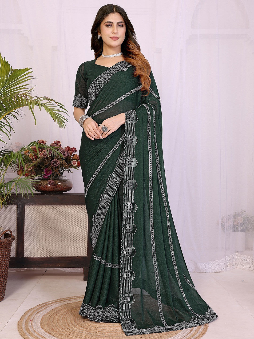 Designer Bottle Green Star Georgette Saree Featuring Intricate Swarovski Embellishment With Unstitched Blouse Peice
