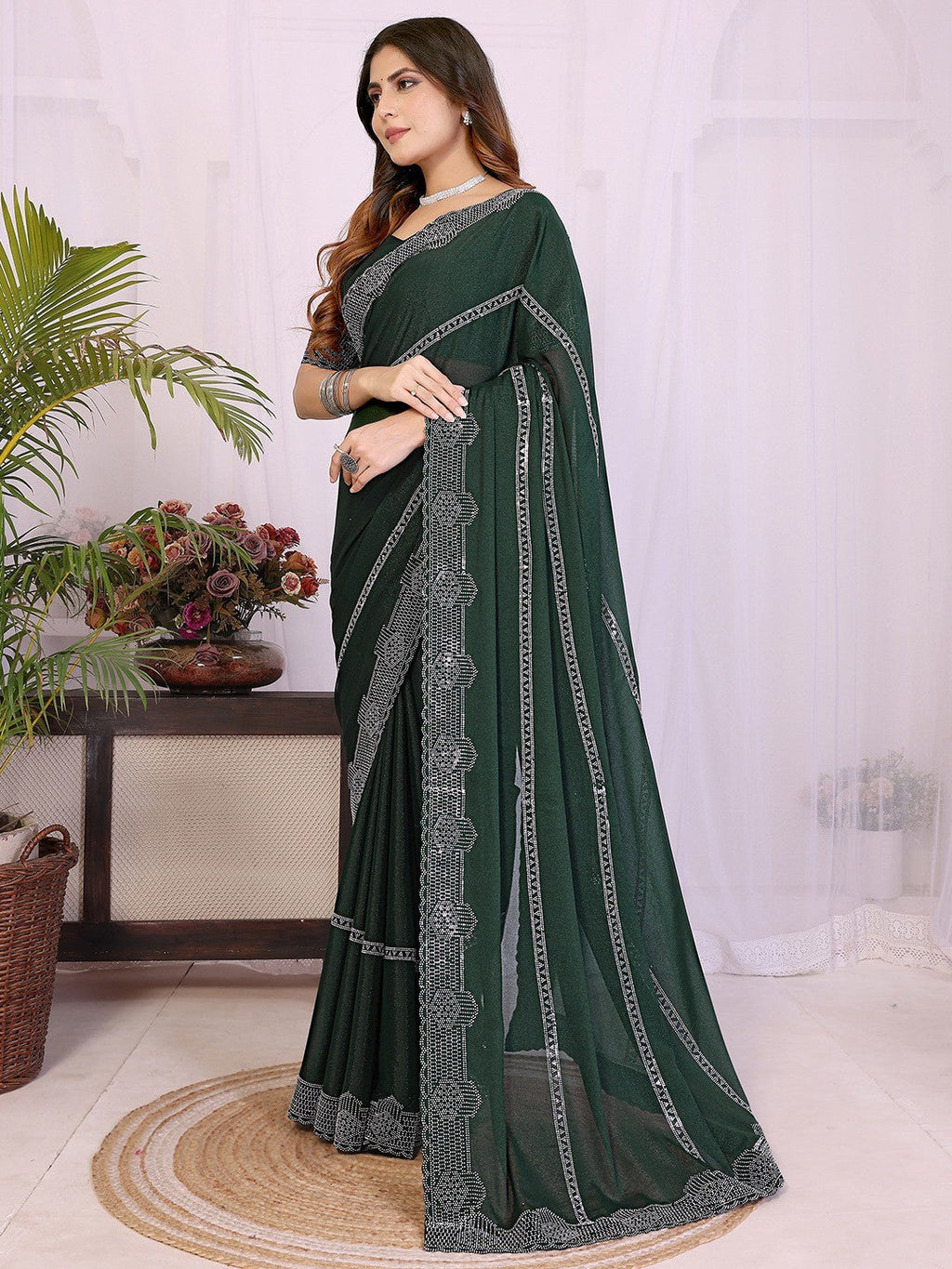 Designer Bottle Green Star Georgette Saree Featuring Intricate Swarovski Embellishment With Unstitched Blouse Peice