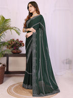 Designer Bottle Green Star Georgette Saree Featuring Intricate Swarovski Embellishment With Unstitched Blouse Peice