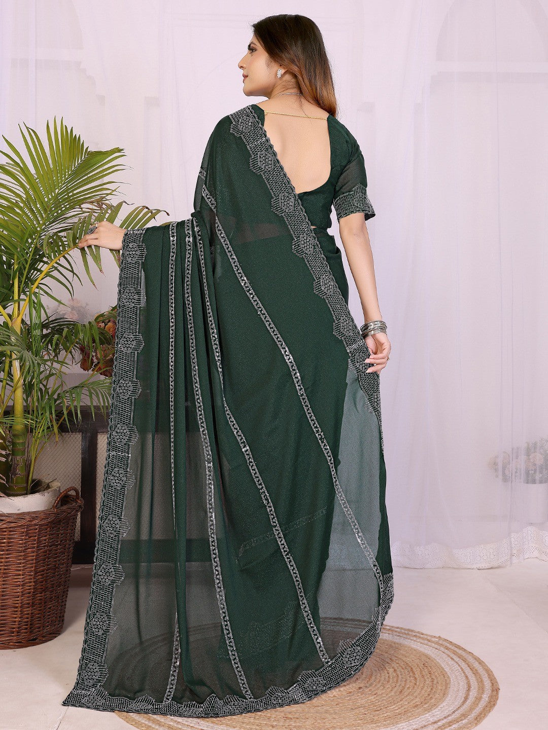 Designer Bottle Green Star Georgette Saree Featuring Intricate Swarovski Embellishment With Unstitched Blouse Peice