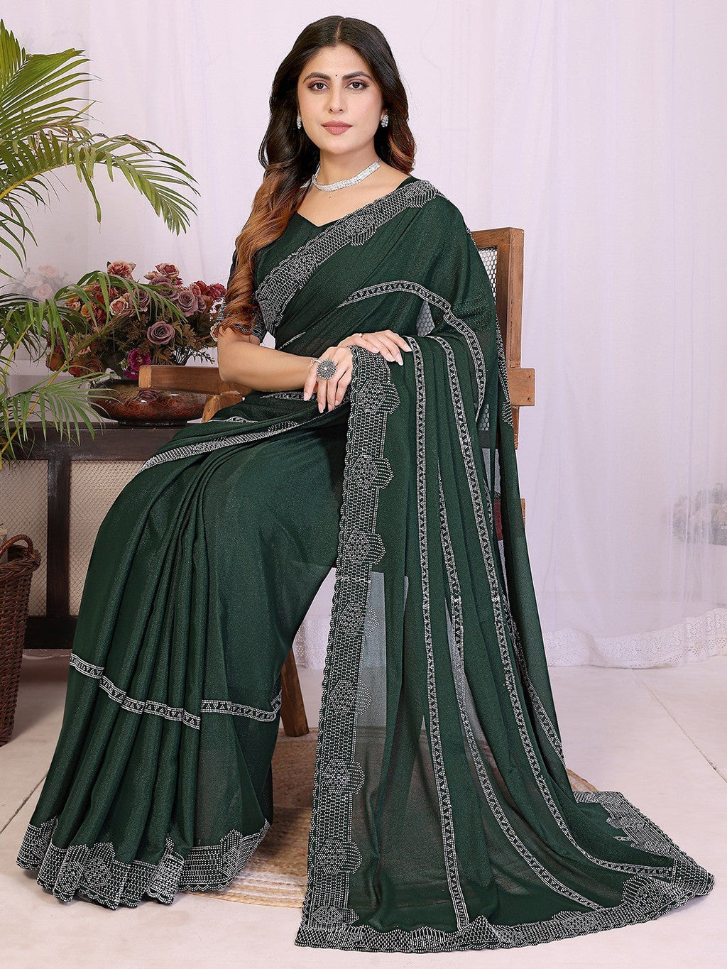 Designer Bottle Green Star Georgette Saree Featuring Intricate Swarovski Embellishment With Unstitched Blouse Peice
