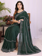 Designer Bottle Green Star Georgette Saree Featuring Intricate Swarovski Embellishment With Unstitched Blouse Peice