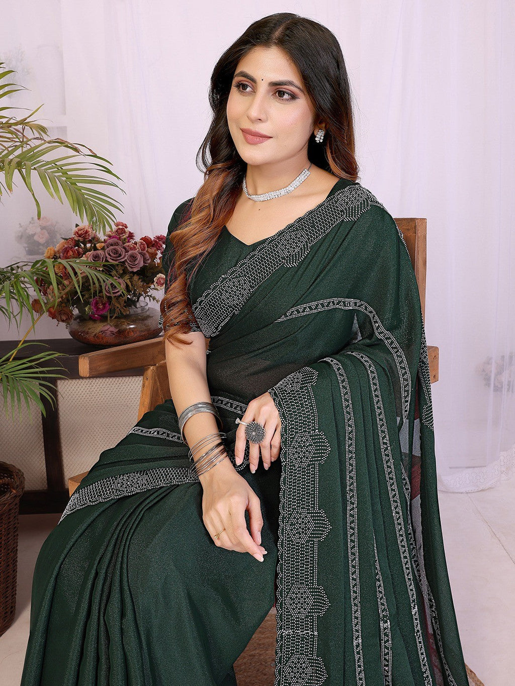 Designer Bottle Green Star Georgette Saree Featuring Intricate Swarovski Embellishment With Unstitched Blouse Peice