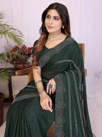 Designer Bottle Green Star Georgette Saree Featuring Intricate Swarovski Embellishment With Unstitched Blouse Peice