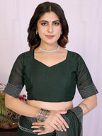 Designer Bottle Green Star Georgette Saree Featuring Intricate Swarovski Embellishment With Unstitched Blouse Peice