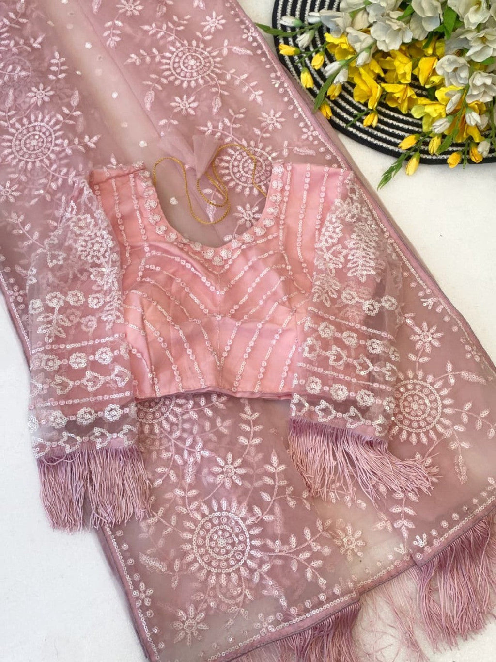 Elegant Pink Super Net Embroidered Saree with Designer Blouse