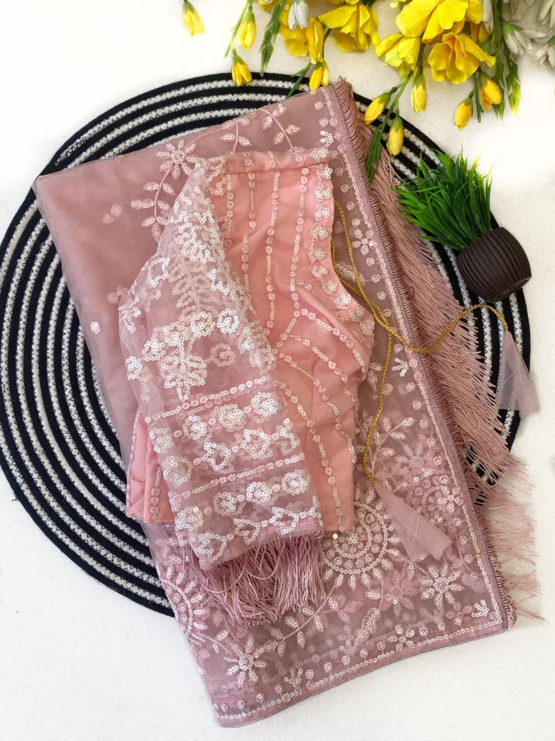 Elegant Pink Super Net Embroidered Saree with Designer Blouse