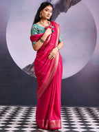 Charming Pink Striped Zari Woven Georgette Saree With Graceful Tassel Finish