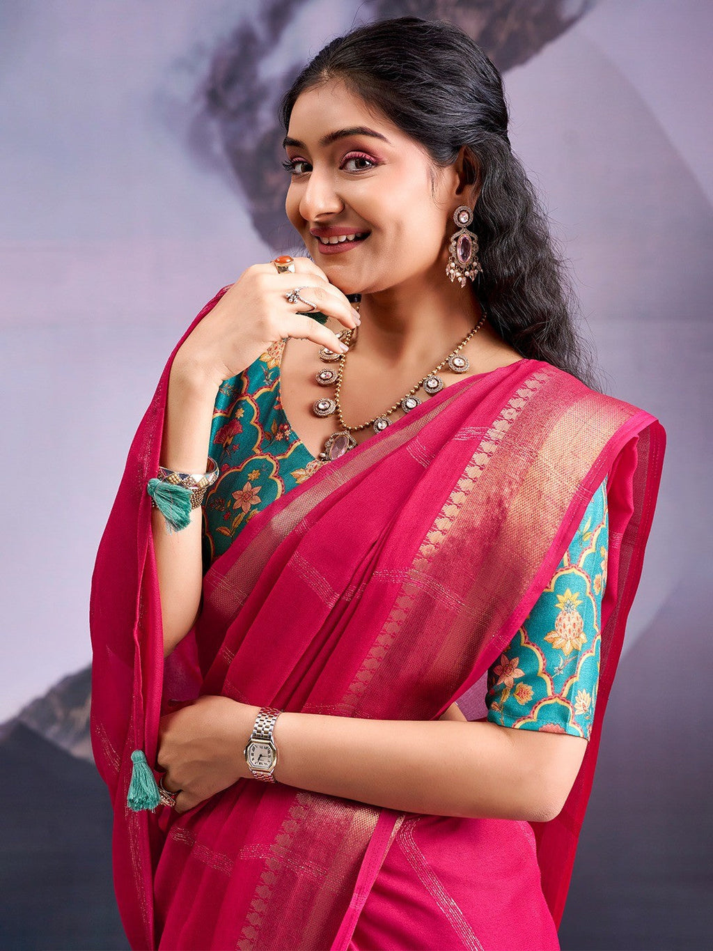Charming Pink Striped Zari Woven Georgette Saree With Graceful Tassel Finish