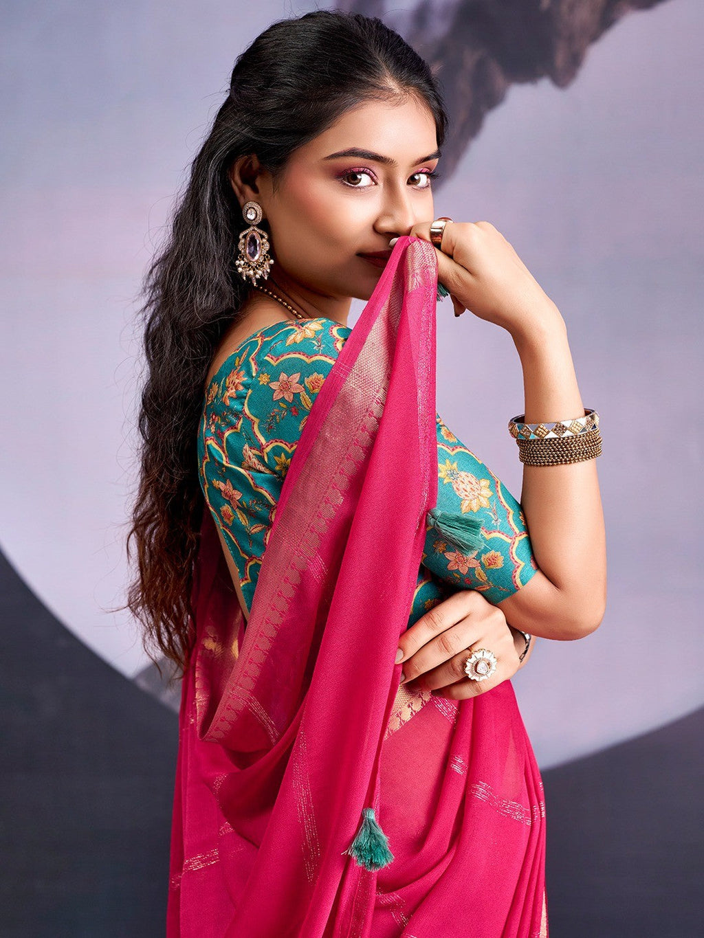 Charming Pink Striped Zari Woven Georgette Saree With Graceful Tassel Finish