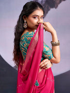 Charming Pink Striped Zari Woven Georgette Saree With Graceful Tassel Finish