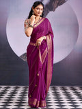 Charming Wine Striped Zari Woven Georgette Saree With Graceful Tassel Finish