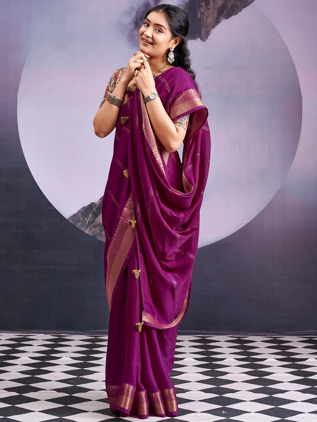 Charming Wine Striped Zari Woven Georgette Saree With Graceful Tassel Finish