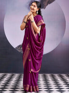 Charming Wine Striped Zari Woven Georgette Saree With Graceful Tassel Finish