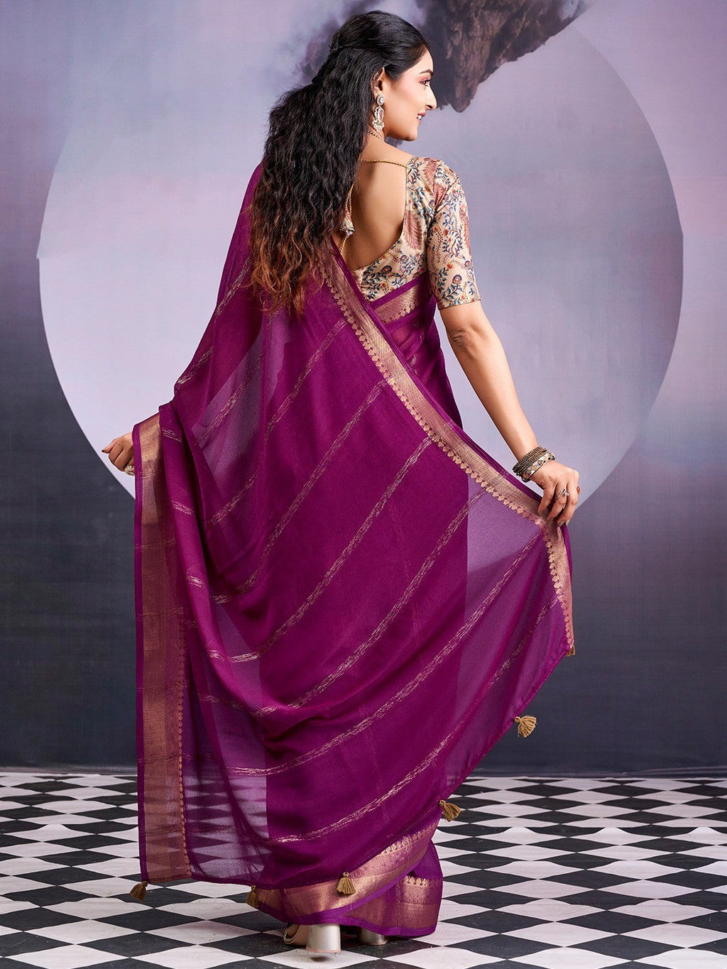 Charming Wine Striped Zari Woven Georgette Saree With Graceful Tassel Finish