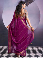 Charming Wine Striped Zari Woven Georgette Saree With Graceful Tassel Finish