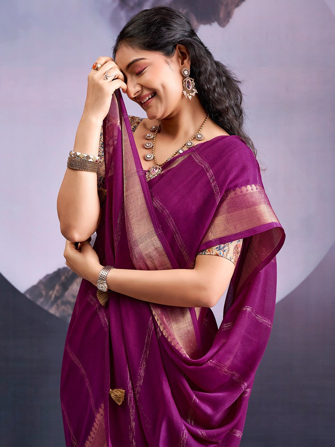 Charming Wine Striped Zari Woven Georgette Saree With Graceful Tassel Finish