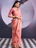 Charming Peach Striped Zari Woven Georgette Saree With Graceful Tassel Finish